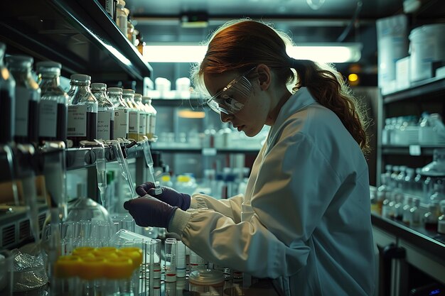 Foto mujer científica que trabaja en un laboratorio y lleva a cabo investigaciones y pruebas generativas de ia