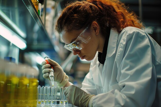 Foto mujer científica que trabaja en un laboratorio y lleva a cabo investigaciones y pruebas generativas de ia