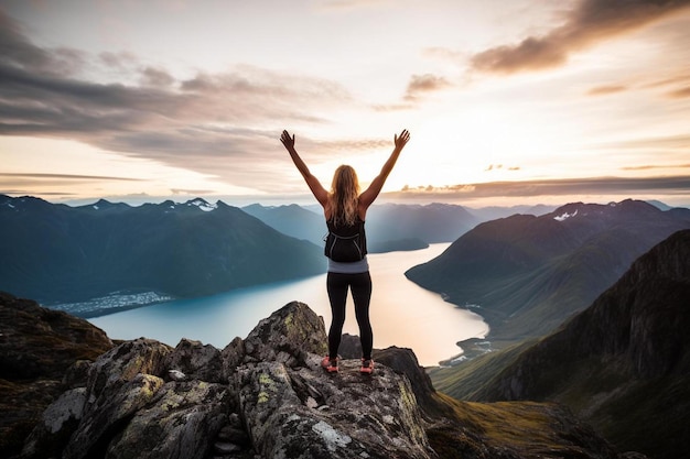 Una mujer se para en la cima de una montaña con los brazos levantados en el aire y el sol poniéndose detrás de ella.