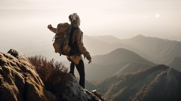 Una mujer se para en la cima de una montaña con una mochila en la cabeza.