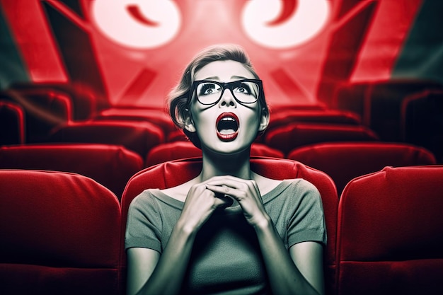 Una mujer en un cine rojo con una gran pantalla que dice 'la película es sobre una película'