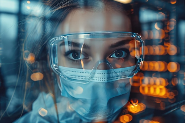 Mujer cirujano médico experimentado epidemiólogo con máscara de protección y gafas de protección Científico investigador en un laboratorio Closeup de retrato doble exposición