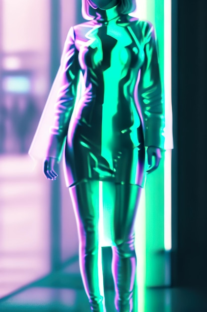 Foto mujer en ciudad ciberpunk futurista con luces de neón en el fondo ia generativa