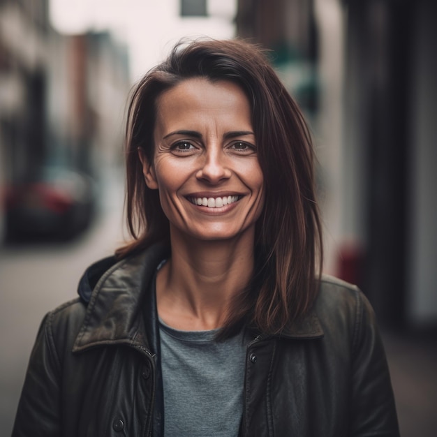 mujer de ciudad de mediana edad sonriendo