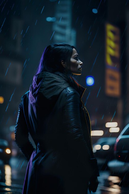 Mujer en la ciudad de noche con lluvia IA generativa