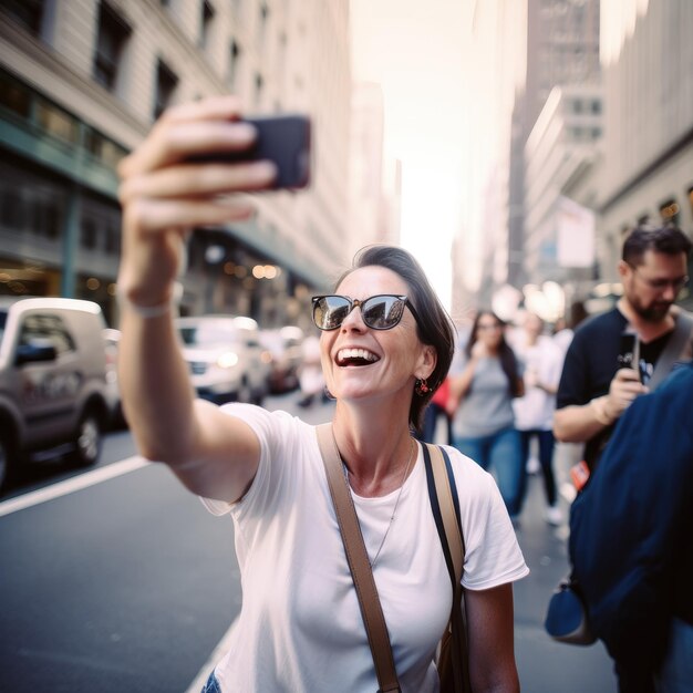 Mujer de la ciudad tomando un Selfie público