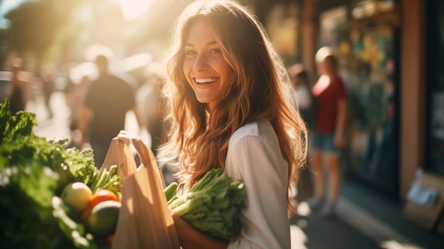 Mujer cliente en el puesto del mercado