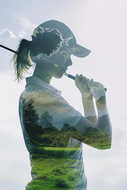 Foto una mujer con un club de golf en un campo