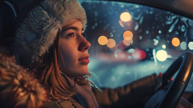 Foto una mujer en un coche con las luces encendidas