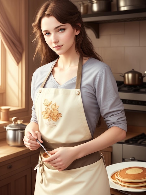 Una mujer en una cocina con un delantal con una flor.