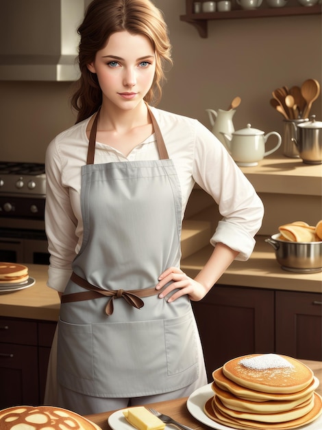 Una mujer en una cocina con un delantal con una flor.