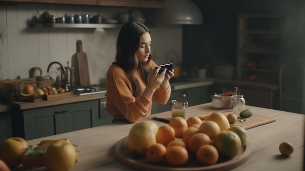 Una mujer se para en una cocina y mira su teléfono.