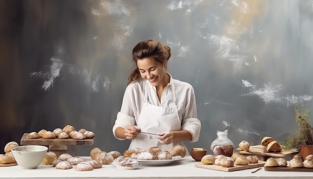 mujer cocina con muchos rollos de panadero mientras sonríe