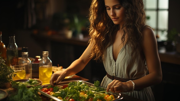 mujer en la cocina mujer con verduras y ensalada saludables