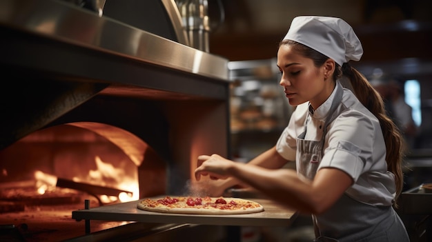 Mujer cocina pizza en el horno