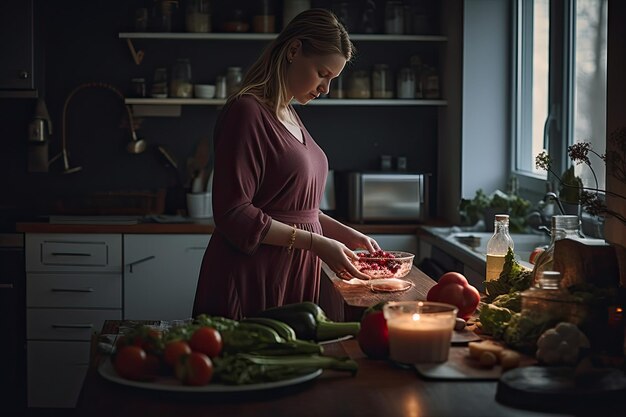 Una mujer en una cocina preparando comida en una mesa