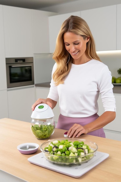 una mujer en la cocina preparando una ensalada