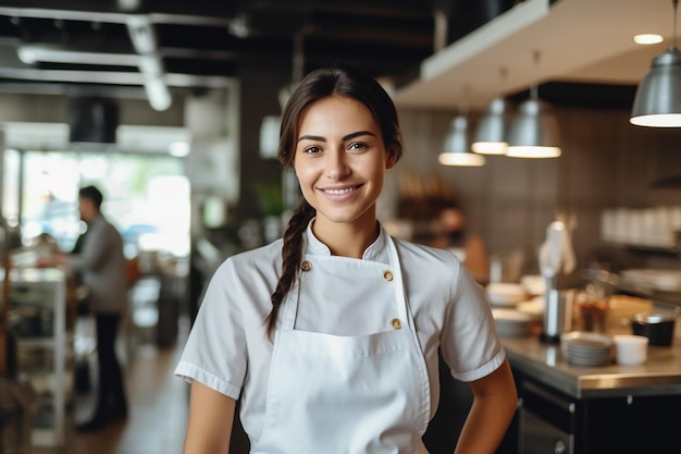 una mujer en una cocina con una sonrisa en la cara.