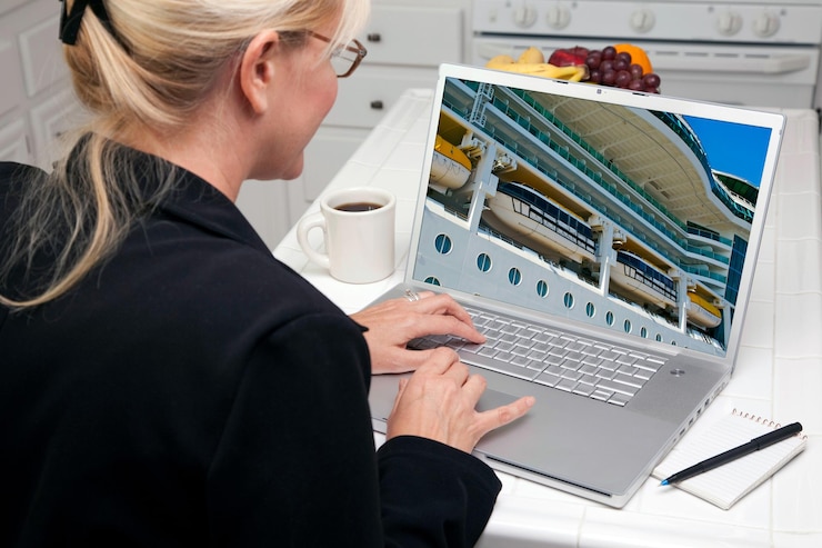 Foto mujer en la cocina usando una computadora portátil en vacaciones de crucero