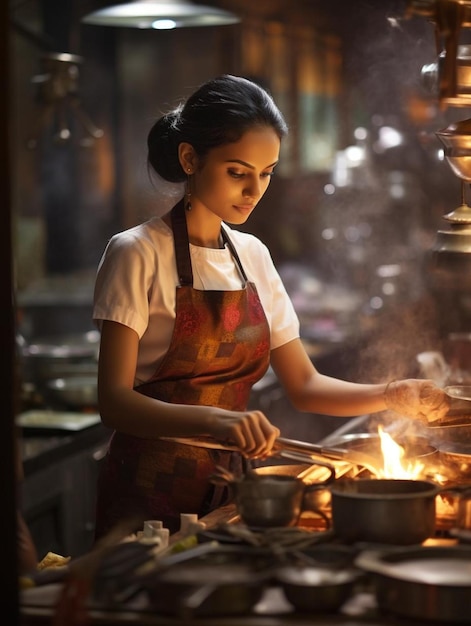 Una mujer cocinando en una cocina con una estufa y una olla de comida.