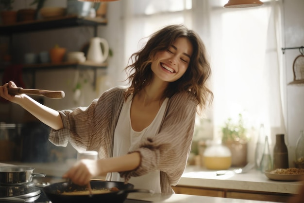 Foto mujer cocinando en la cocina ia generativa