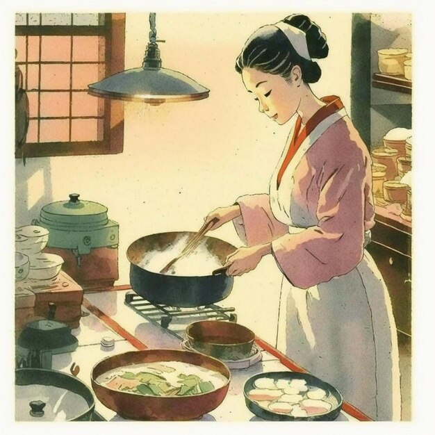 Foto una mujer cocinando en una cocina con una olla de comida.