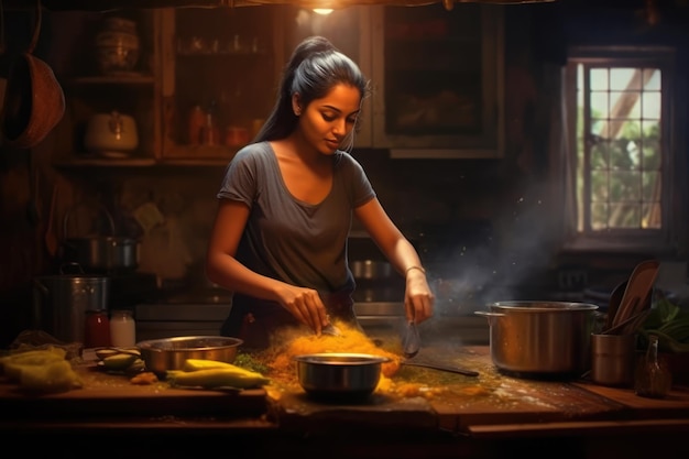 Una mujer cocinando en una cocina