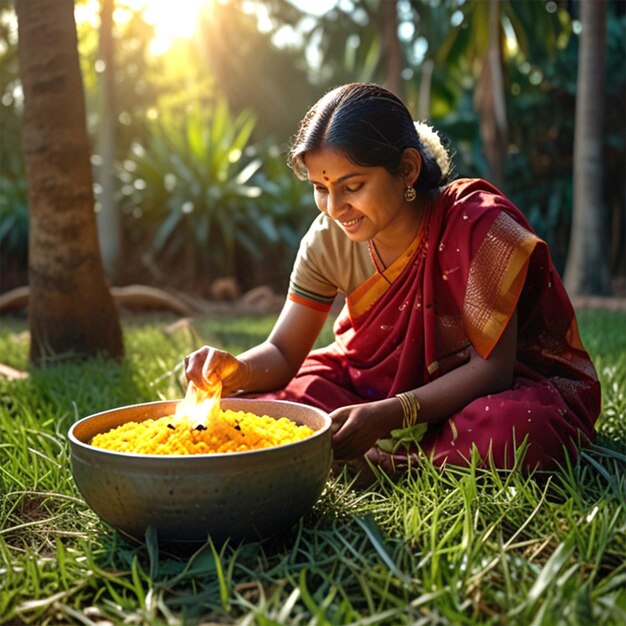 una mujer cocinando comida en un campo con una vela encendida
