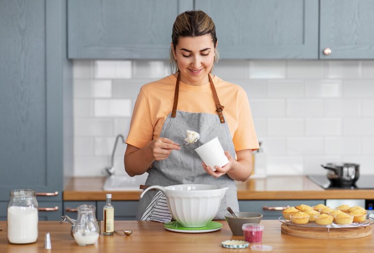 Foto mujer cocinando comida y horneando en la cocina en casa