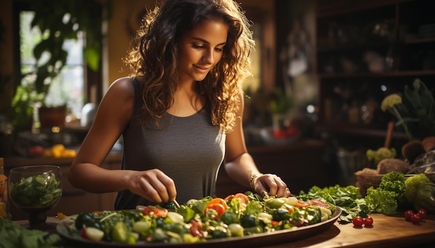 Una mujer cocinando ensalada vegetariana fresca en una cocina doméstica generada por inteligencia artificial