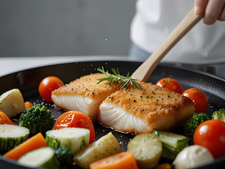 Mujer cocinando filete de pescado con verduras en una sartén de cerca