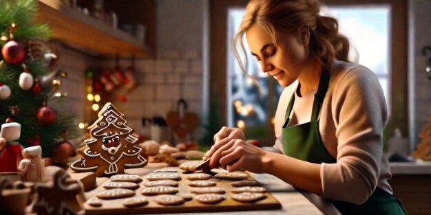 Mujer cocinando galletas de Navidad y pan de jengibre en la cocina