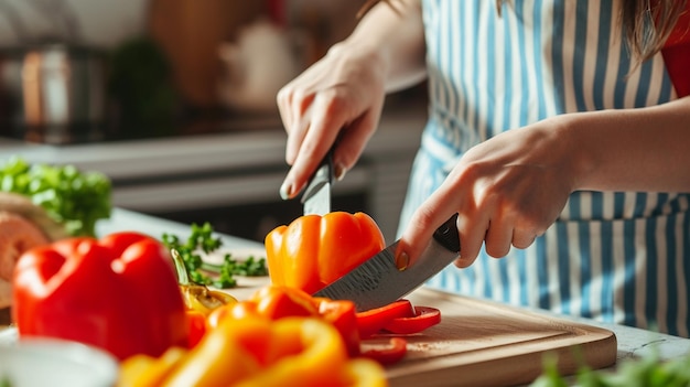 mujer cocinando verduras en la mesa en la cocina foto de alta calidad