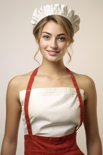 Mujer cocinera sonrisa foto muy detallada por encima de la cintura fondo blanco.