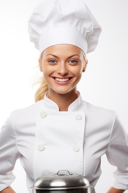 Mujer cocinera sonrisa foto muy detallada por encima de la cintura fondo blanco.