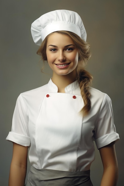 Mujer cocinera sonrisa foto muy detallada por encima de la cintura fondo blanco.