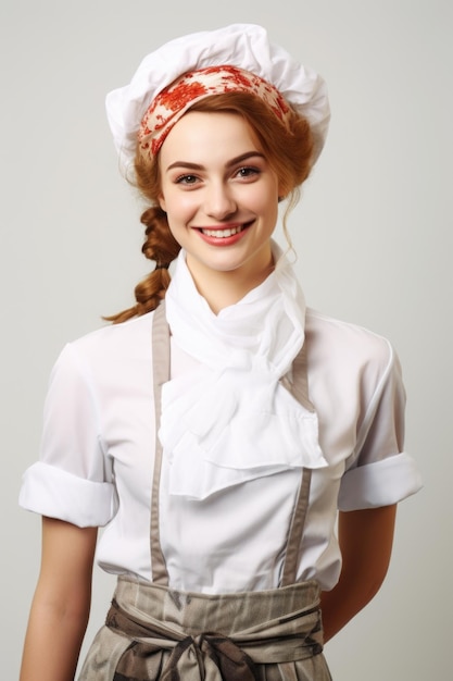 Mujer cocinera sonrisa foto muy detallada por encima de la cintura fondo blanco.