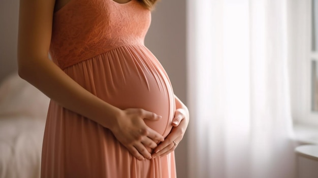 Mujer cogida de la mano sobre el vientre cuando está embarazada Concepto de expectativa y maternidad de embarazo con IA generativa