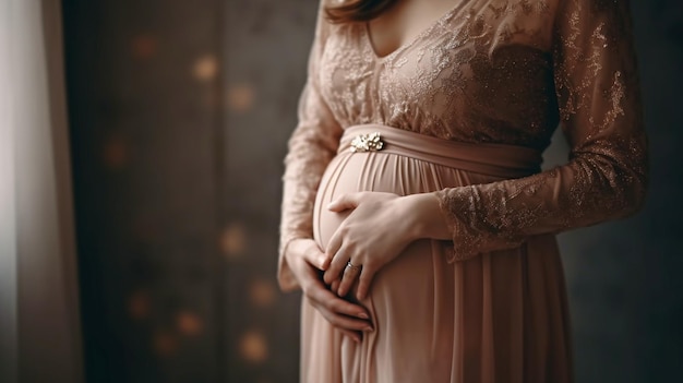 Mujer cogida de la mano sobre el vientre cuando está embarazada Concepto de expectativa y maternidad de embarazo con IA generativa
