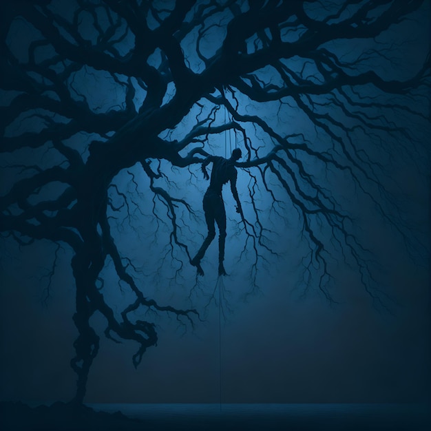 Una mujer colgada de un árbol con un fondo azul que dice 'el árbol está en la parte inferior'. '
