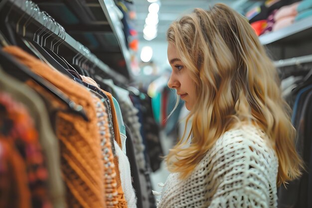 Mujer colgando la ropa que compró mientras compraba concepto de compras transporte de armario actualización de moda encuentra terapia minorista trajes elegantes