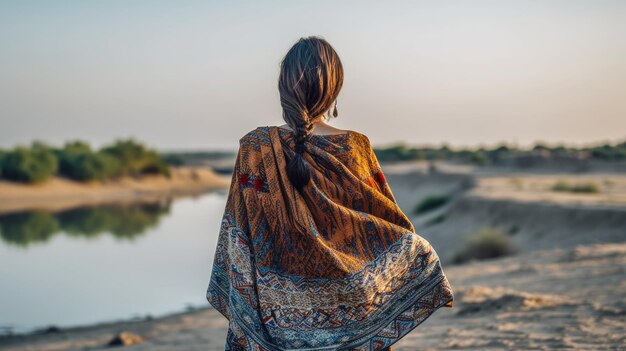 Una mujer se para en una colina en un desierto, usando un chal.