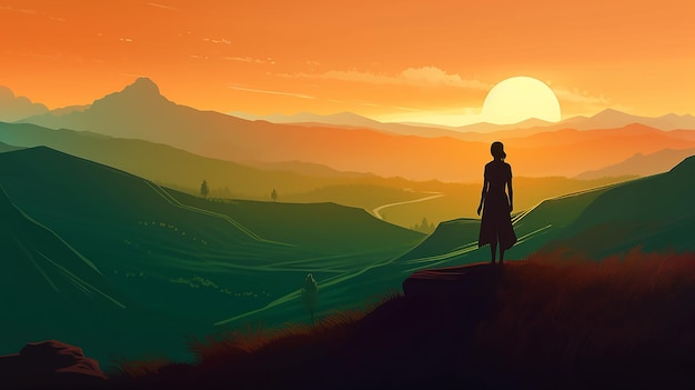Una mujer se para en una colina mirando la puesta de sol.