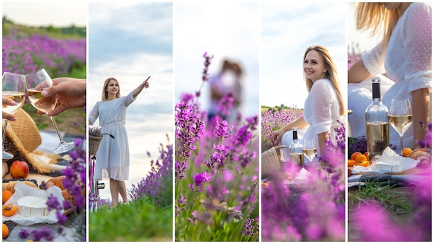 Mujer en collage de campo de lavanda Enfoque selectivo