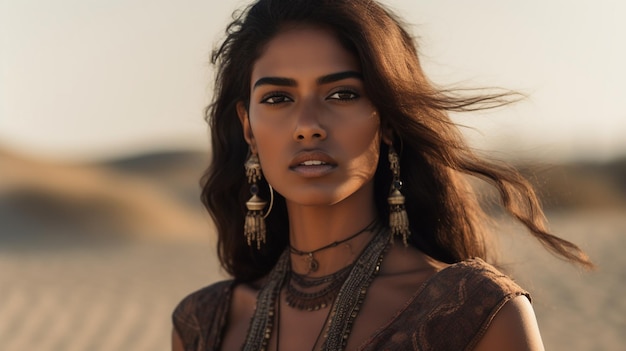 Una mujer con collar y aretes se para en el desierto.