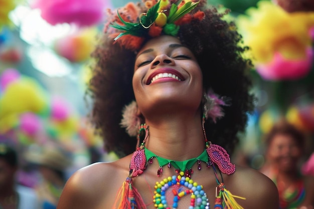 una mujer con un collar de colores y pendientes