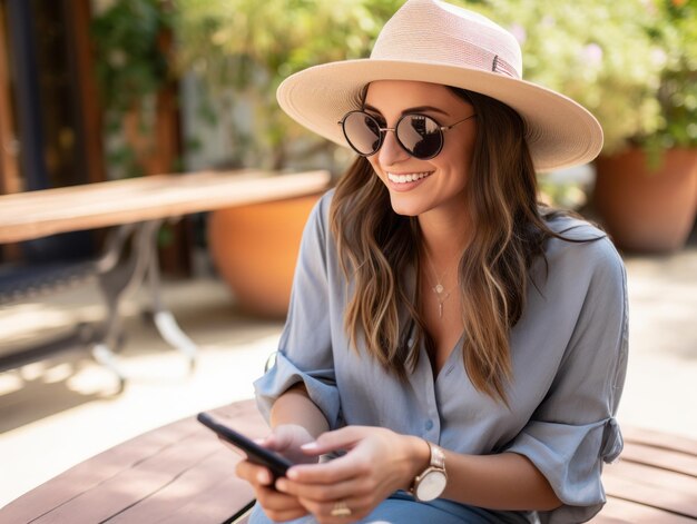 Mujer de Colombia usando un teléfono inteligente para comunicarse en línea