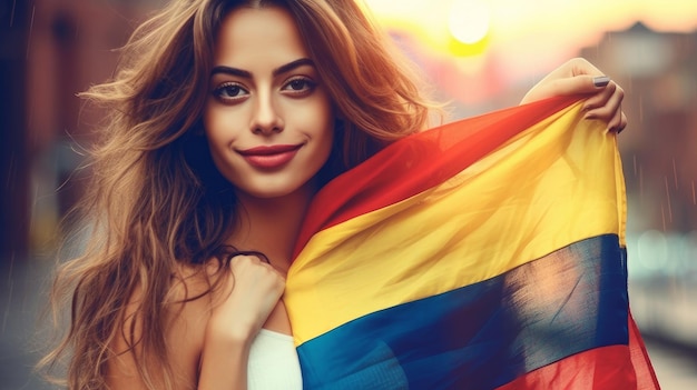Mujer colombiana con el telón de fondo de la bandera colombiana