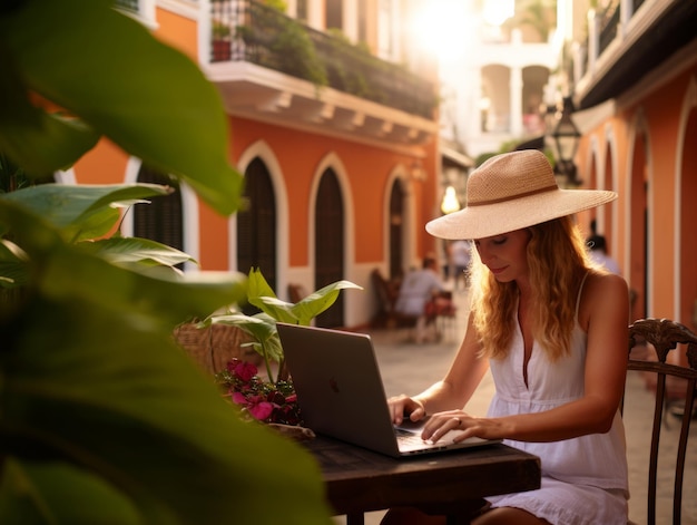 Mujer colombiana trabajando en una computadora portátil en un entorno urbano vibrante