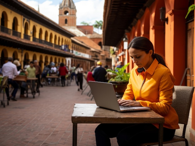 Mujer colombiana trabajando en una computadora portátil en un entorno urbano vibrante